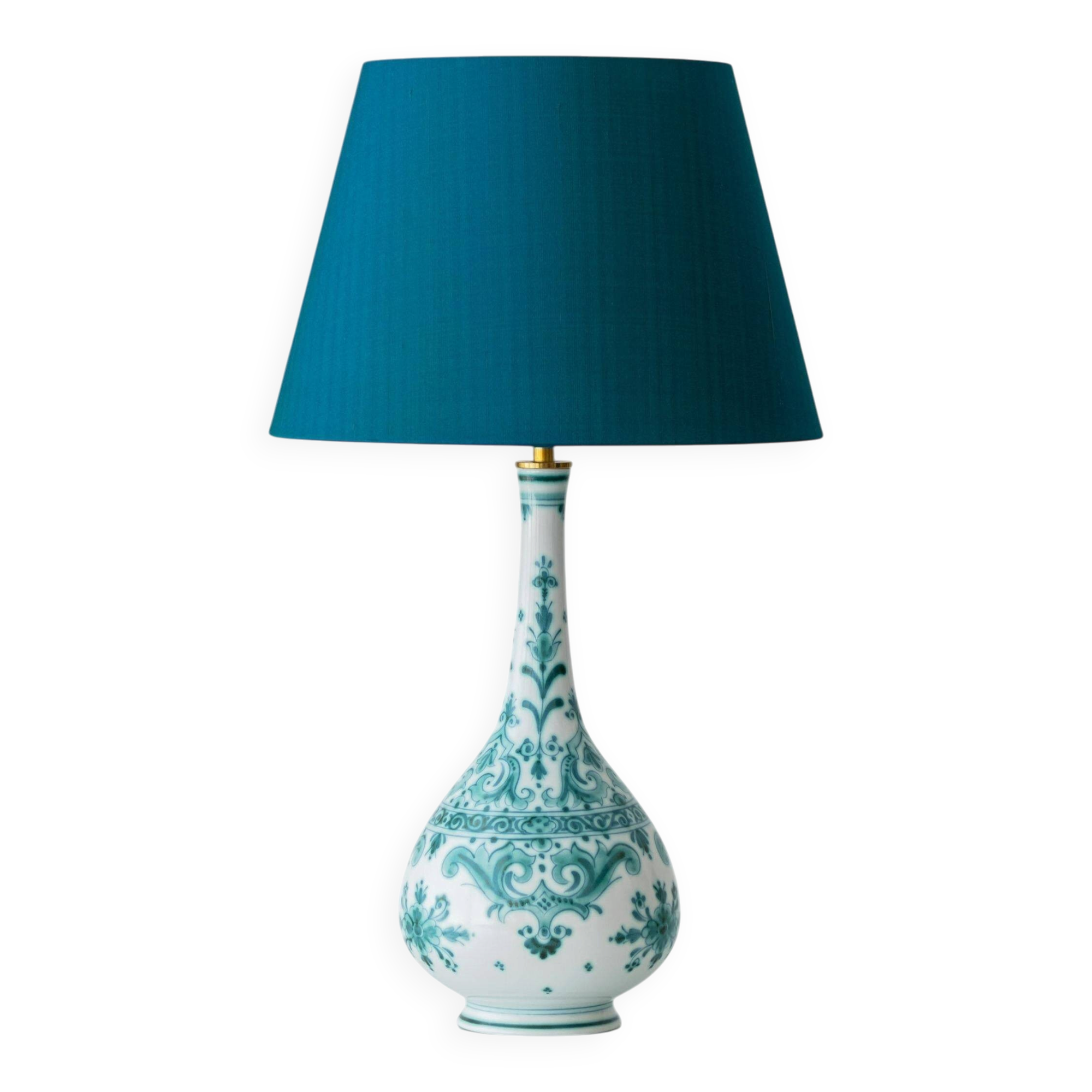 Vintage Royal Delft Ceramic Table Lamp, Rare Teal Delvert Glaze, New Lampshade