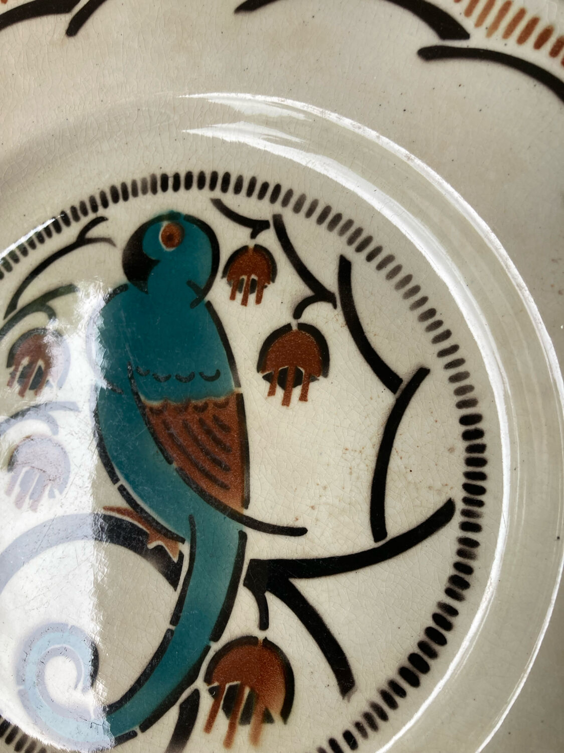 Dessert plates and serving dish, K&G Luneville, parakeet model.