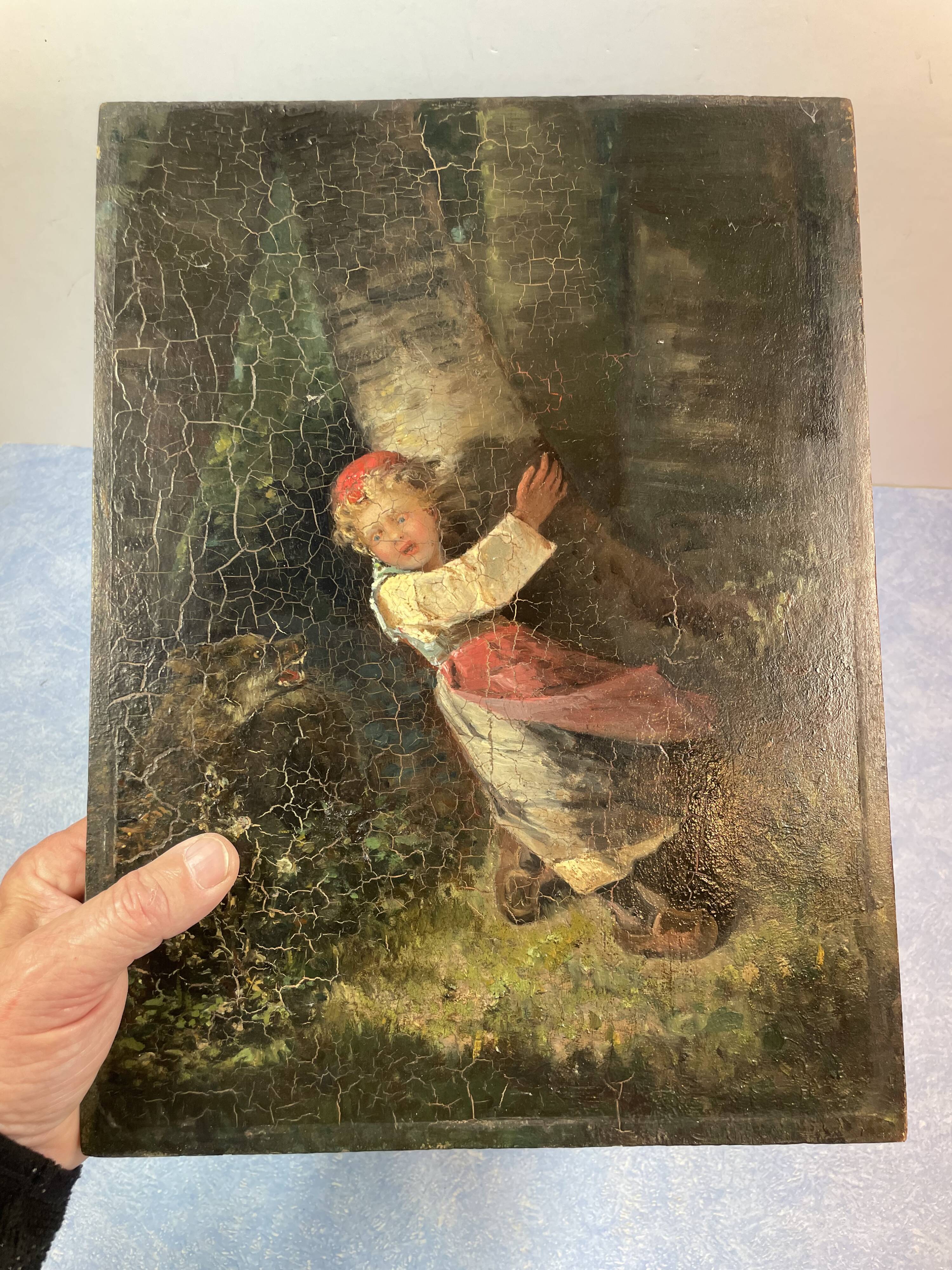 oil on panel, Red Riding Hood, unsigned, quite old-fashioned