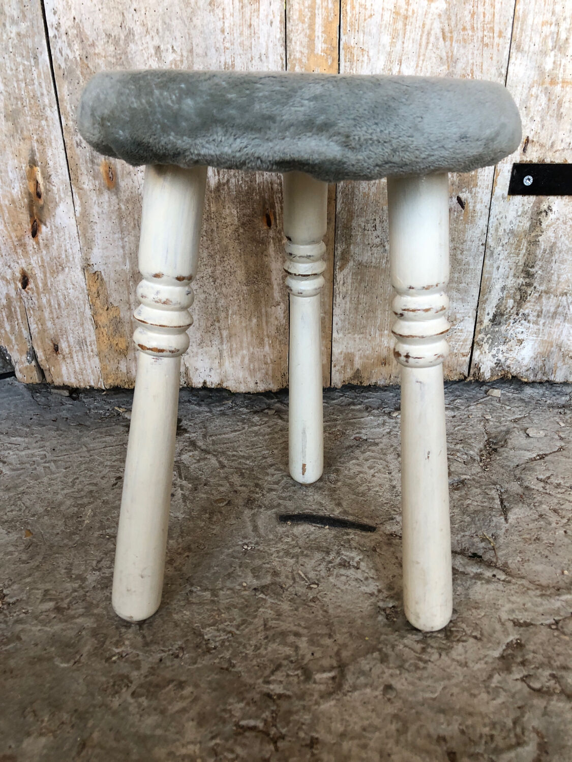 White Wood Tripod Milking Stool + Vintage Blue Gray Velvet Seat #A292