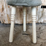 White Wood Tripod Milking Stool + Vintage Blue Gray Velvet Seat #A292