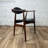 Fauteuil scandinave vintage en teck et skaï noir, années 60