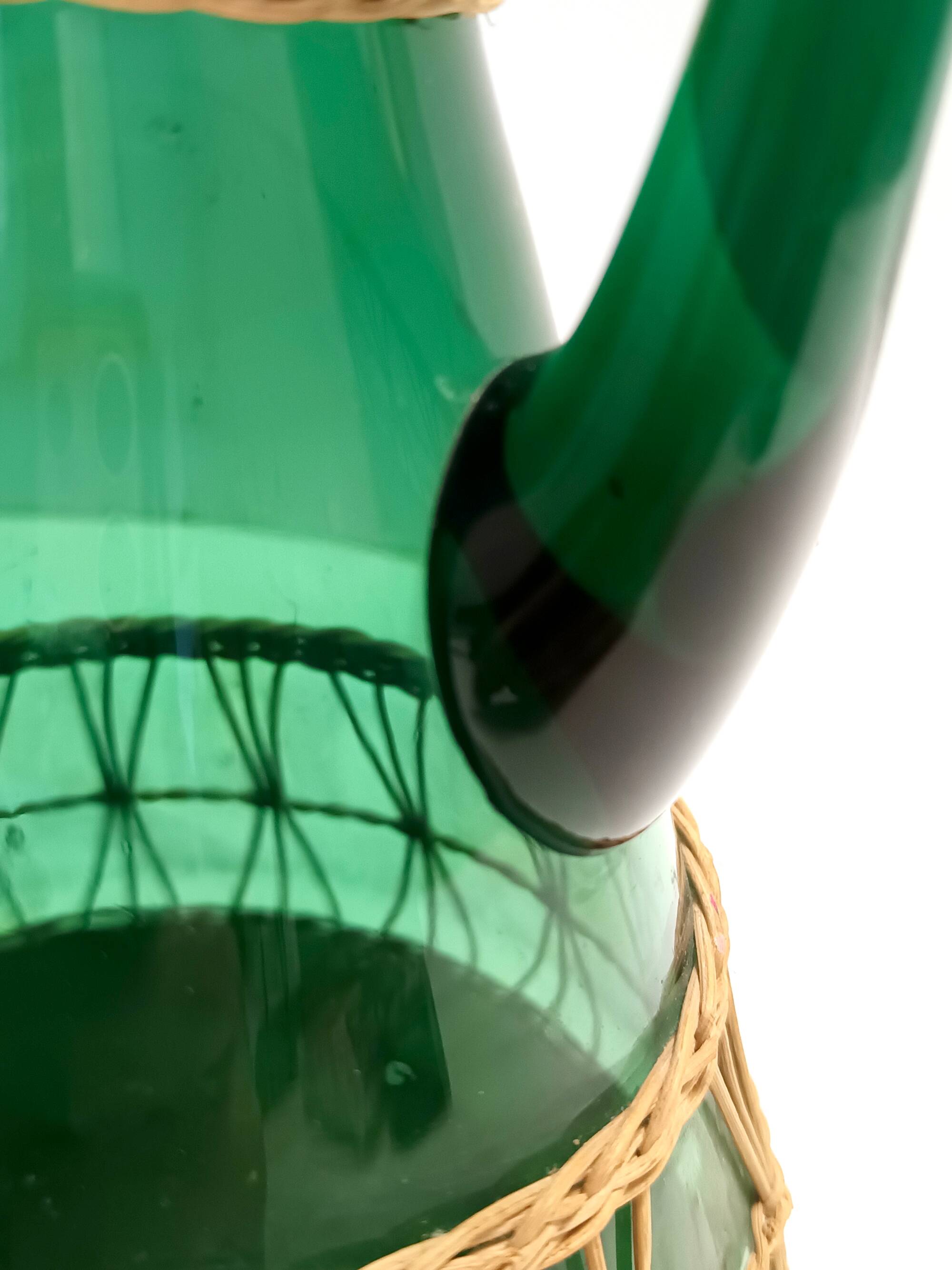 Green Hand Blown Glass and Wicker Jug / Vase, Empoli, Italy