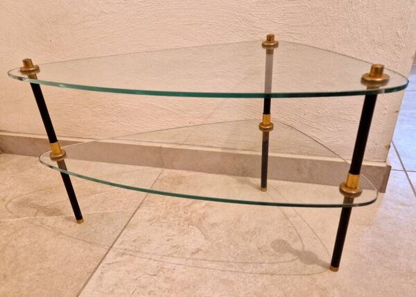 Table basse en verre, métal noir et doré, 1950-1960