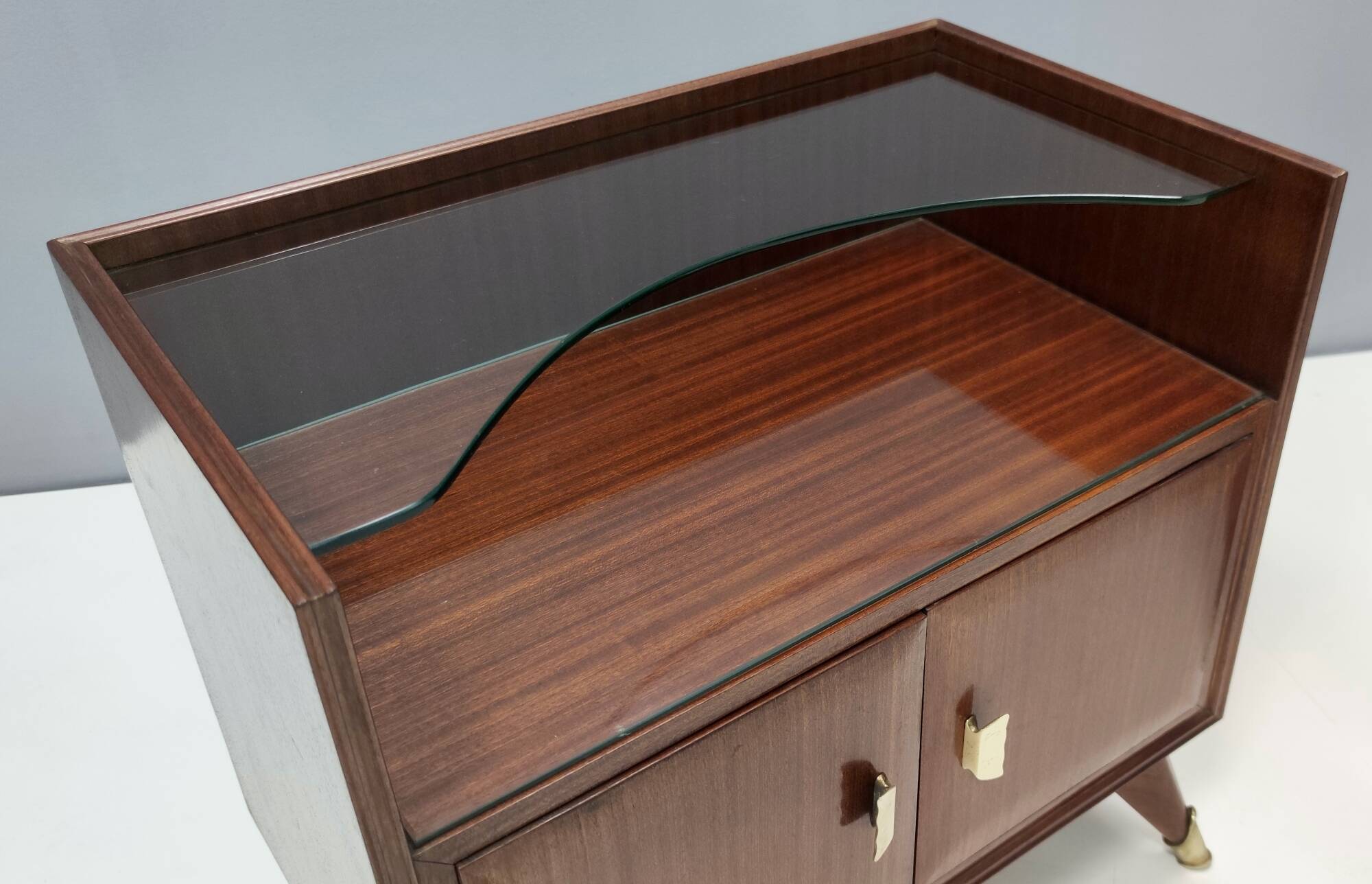 Pair of Elegant Walnut Nightstands with a Crystal Top Shelf