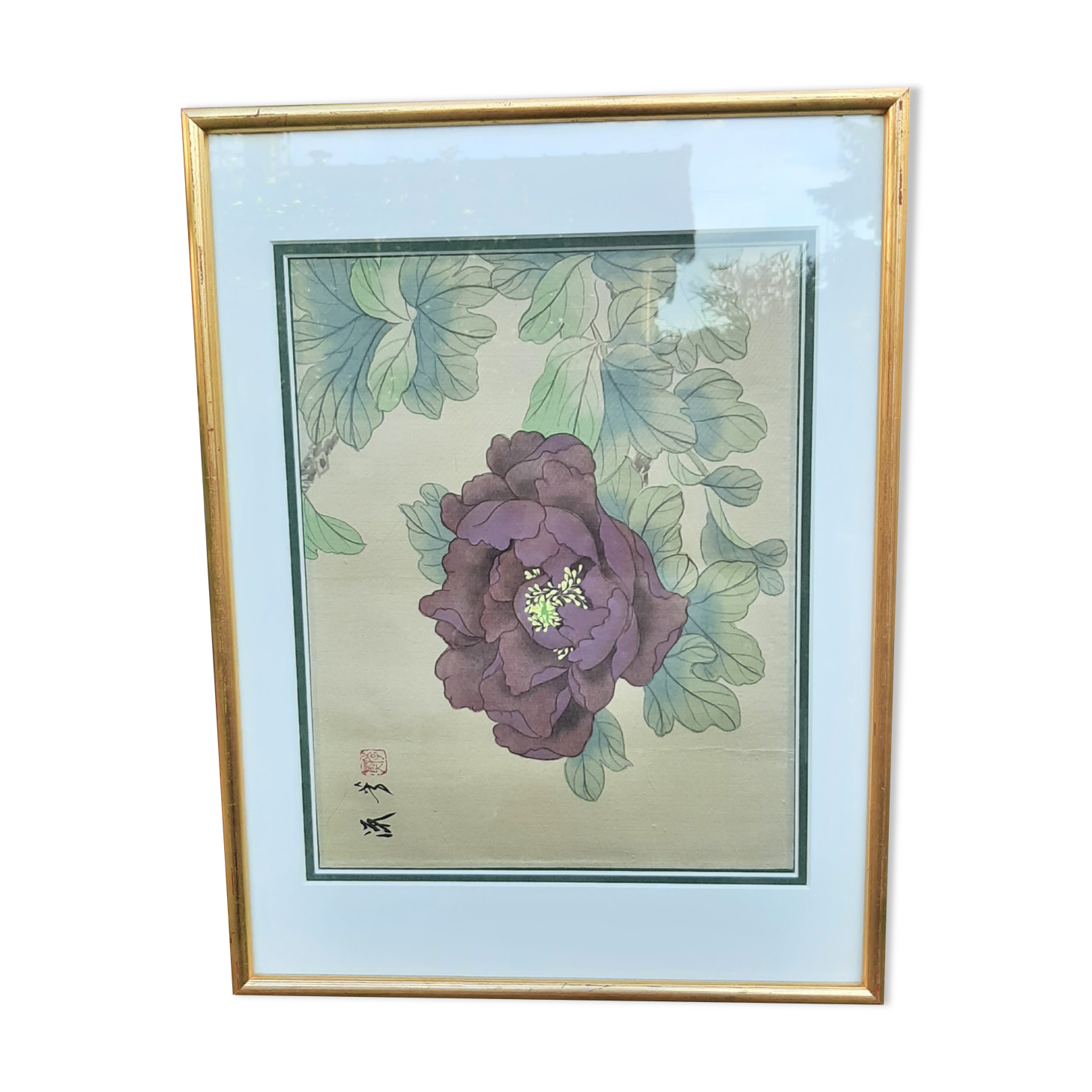 Chinese print purple flower under golden frame