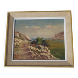 Old oil on canvas, Mediterranean cove landscape