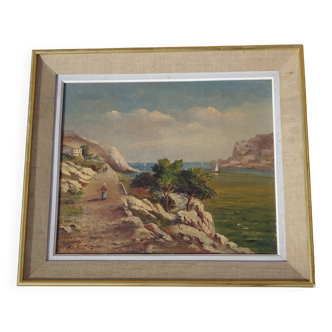Old oil on canvas, Mediterranean cove landscape