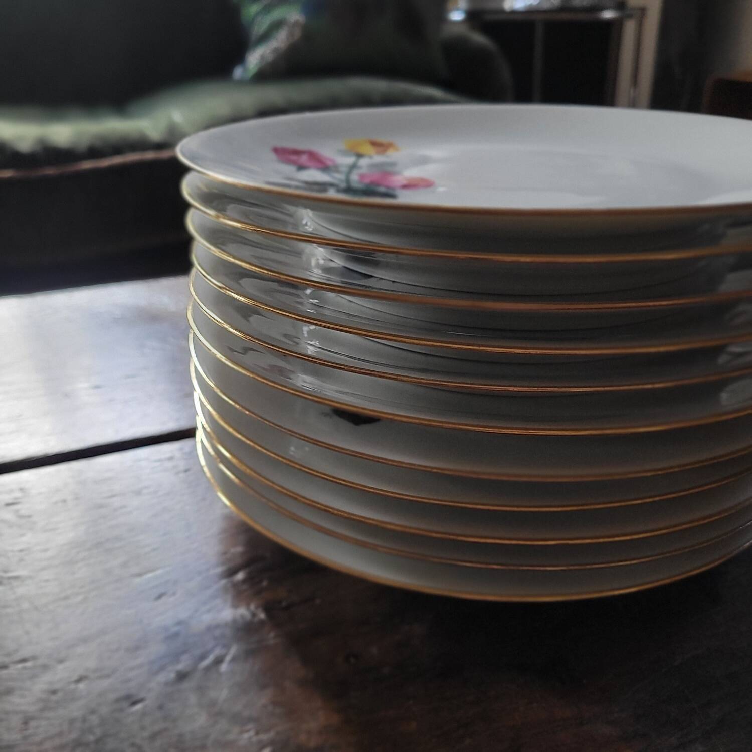 P.L. France porcelain dinner plates with roses — 1950s-60s