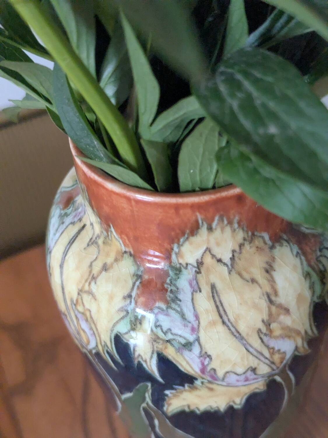 Art Nouveau vase in glazed ceramic, floral decoration, Gouda type, circa