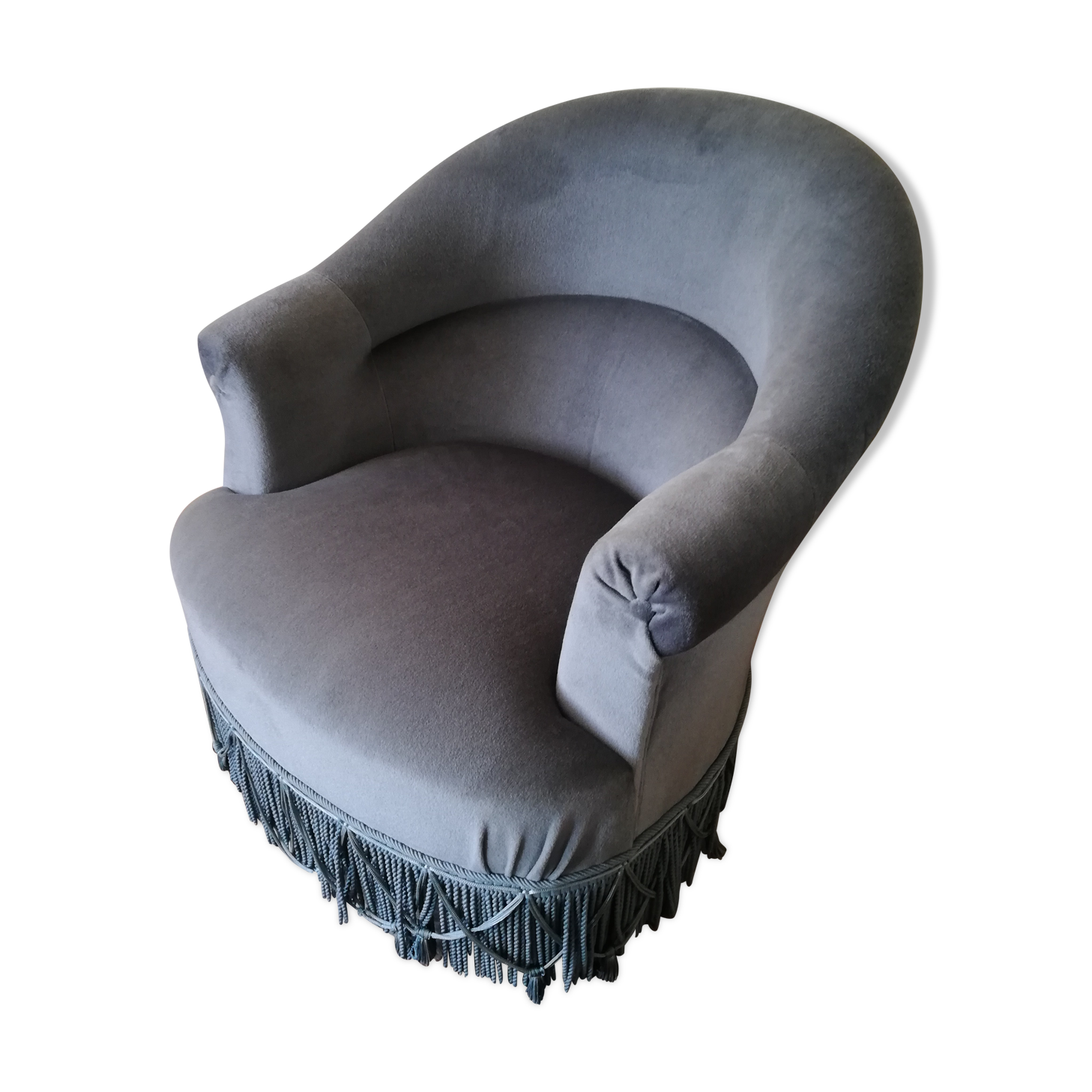 Chair toad blue fabric and fringe