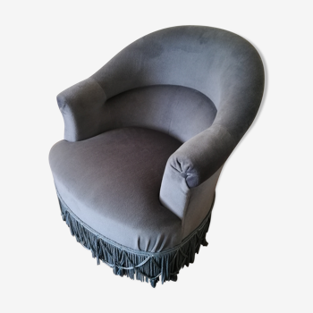 Fauteuil crapaud tissu bleu et frange