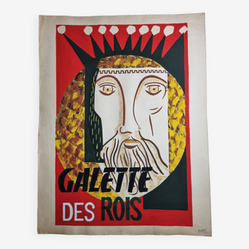 Advertising poster project, original hand painted "Galette des rois", vintage 64 x 50 cm