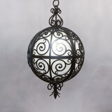 Suspension ronde en fer forgé avec sphère intérieure en verre, c.1930