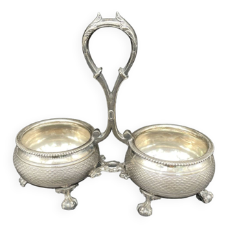 Double salt pots, silver metal, tripods, socket, engraved decoration, table decoration, chic, hallmark