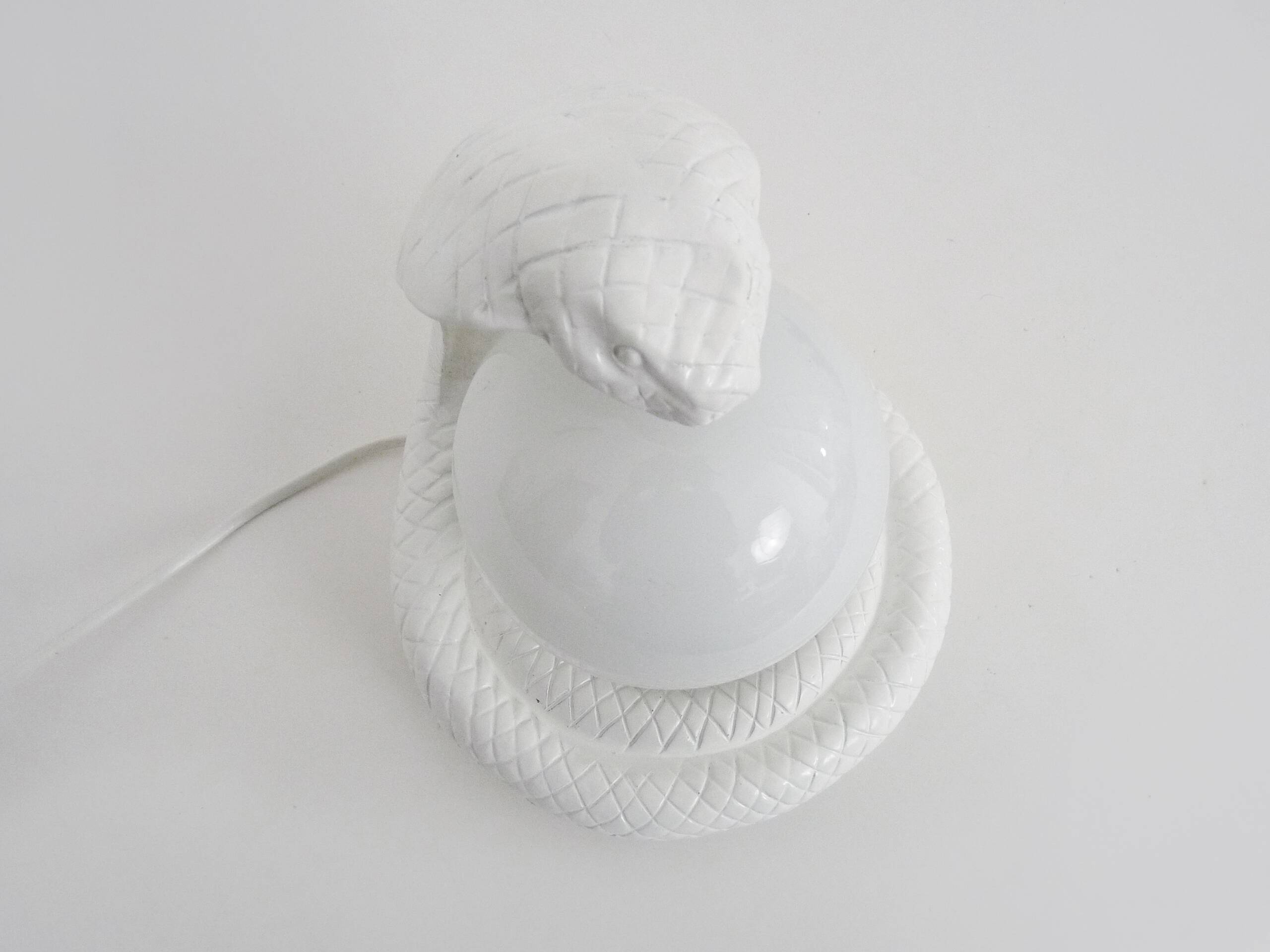 Vintage White Cobra Snake Lamp in Ceramic and opaline globe. 80 years