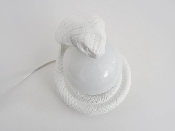 Lampe Serpent cobra Blanche Vintage en Céramique et globe opaline. Années 80