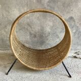 Magazine rack or log holder in wicker and metal - 1950 design
