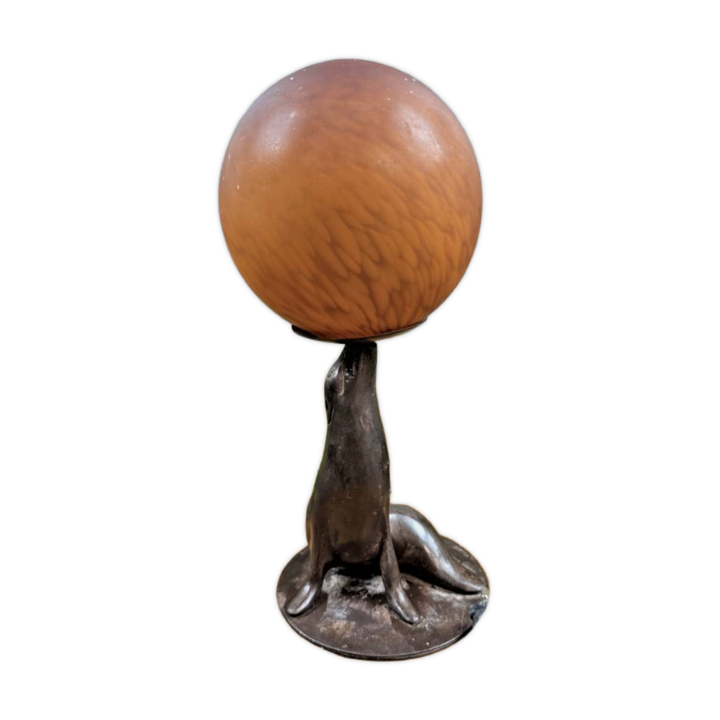 Antique Art Deco lamp – Seal in metal and globe ball in glass paste