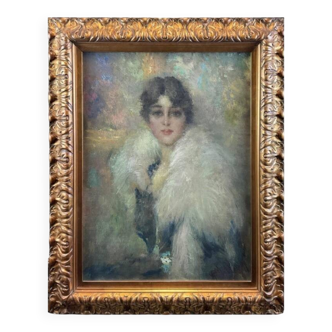 Oil painting on canvas, portrait of a young woman, Italy signed and dated 1917