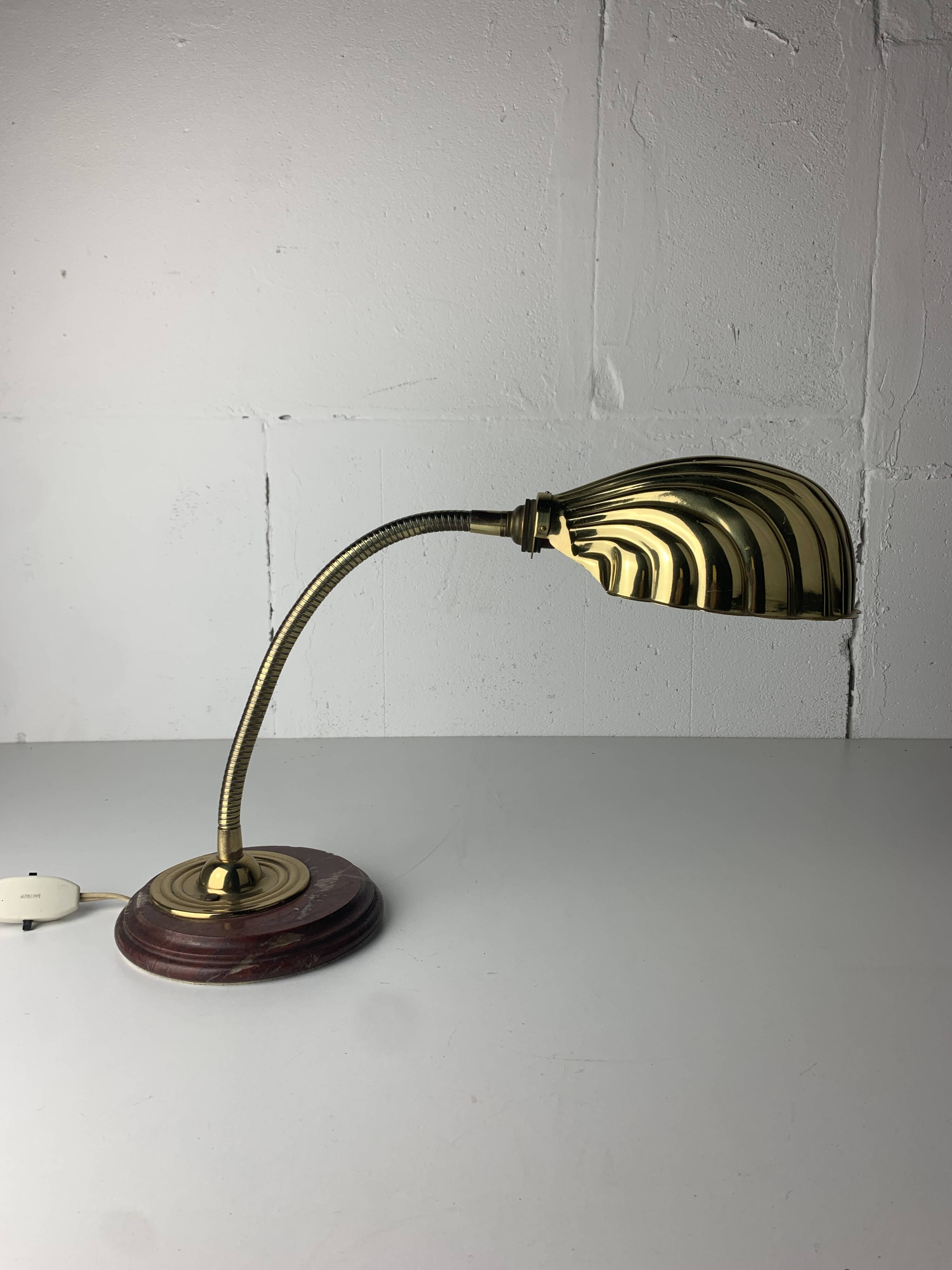 Midcentury brass gooseneck clam shell desk lamp