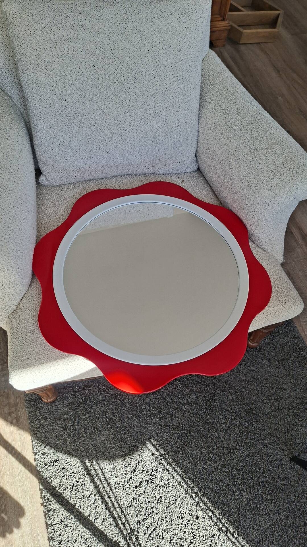 Round wall mirror 53 cm red/white vintage 1960s/70s