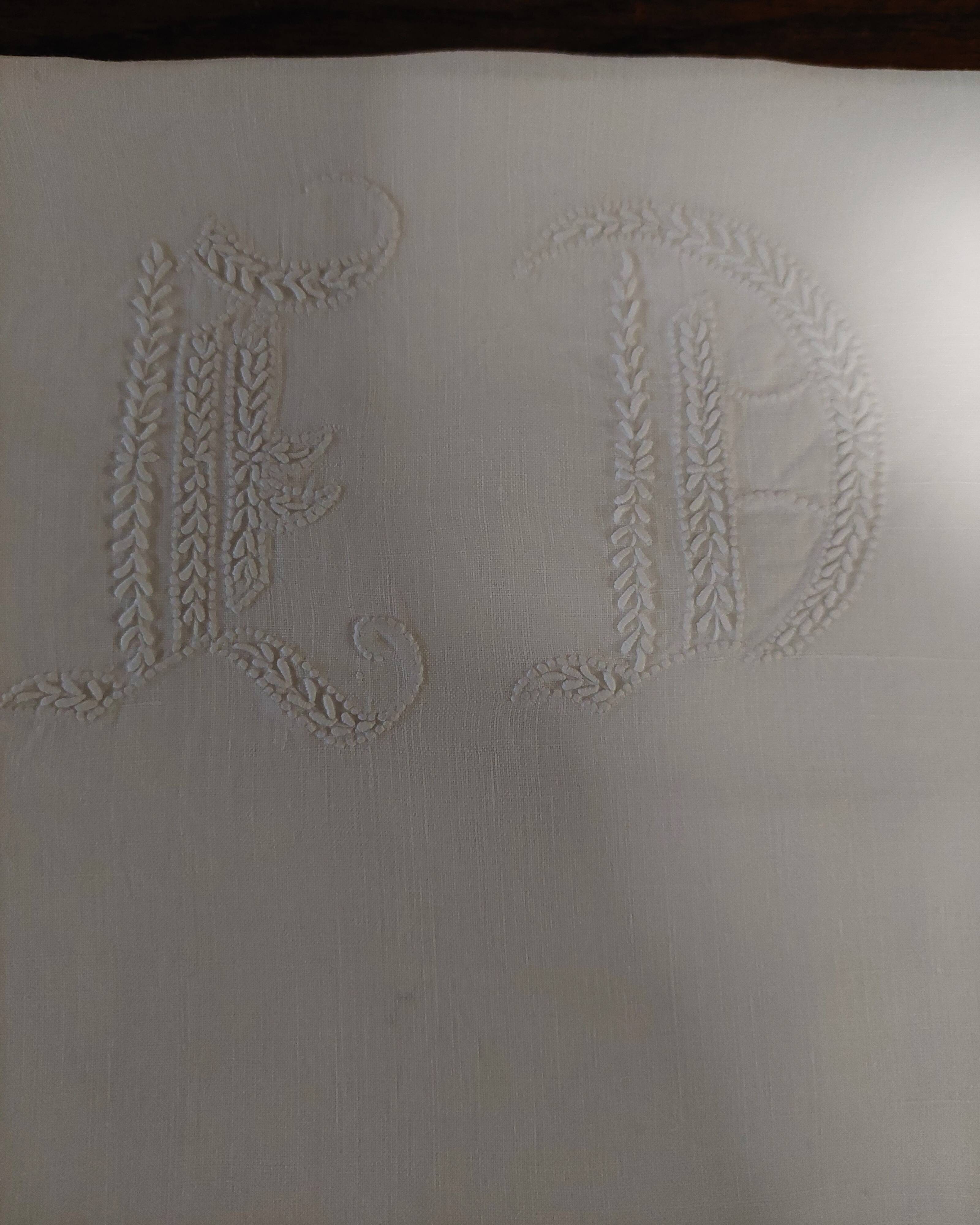 Old white linen pillowcase embroidered monogram ED 65 x 65 cm