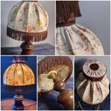 bedside lamp turned wood, lampshade dome ecru flowers and brown, rustic & romantic, 50s