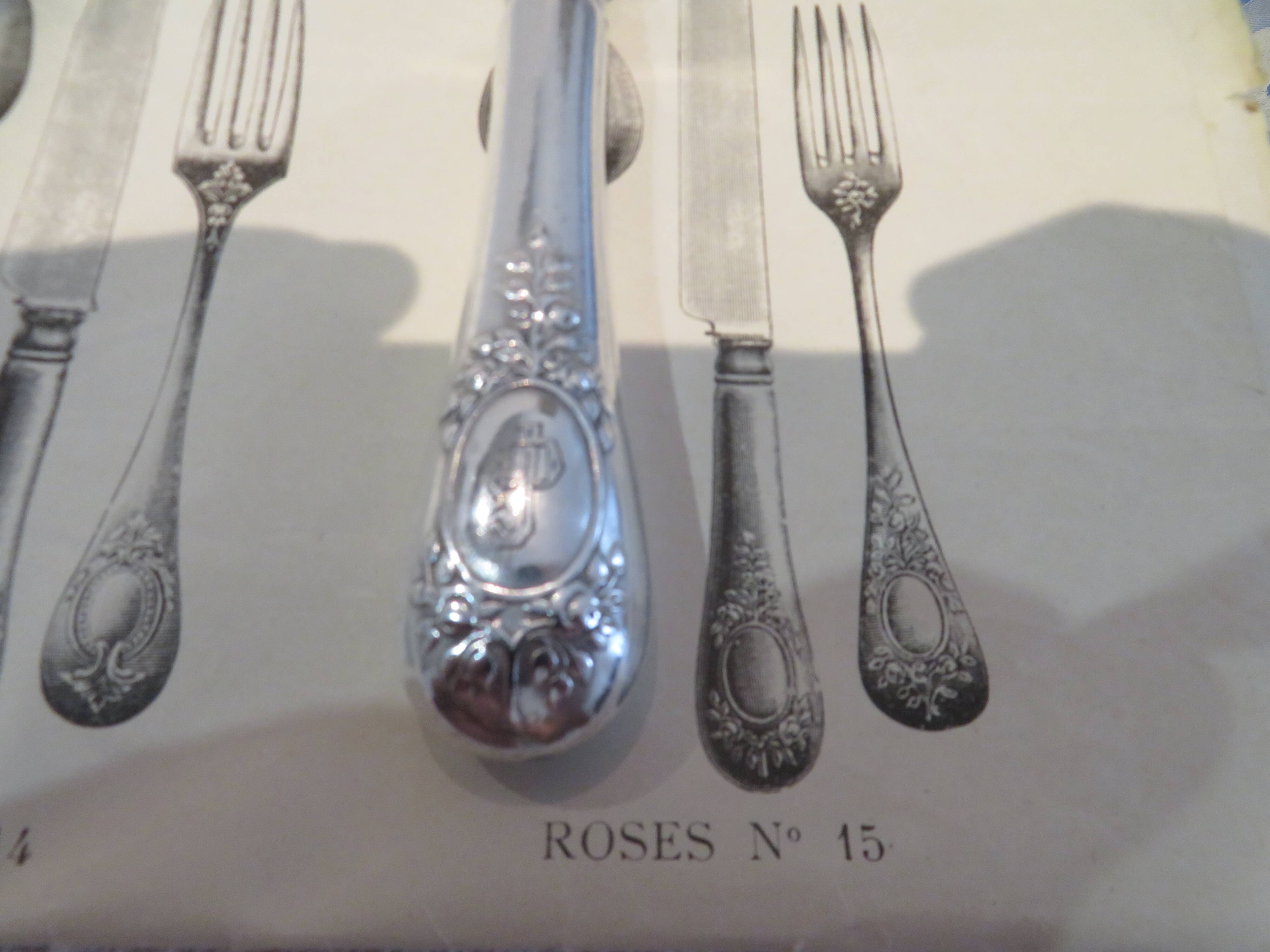 11 silver-plated dessert knives, Ercuis goldsmith, Roses model, Louis XVI style