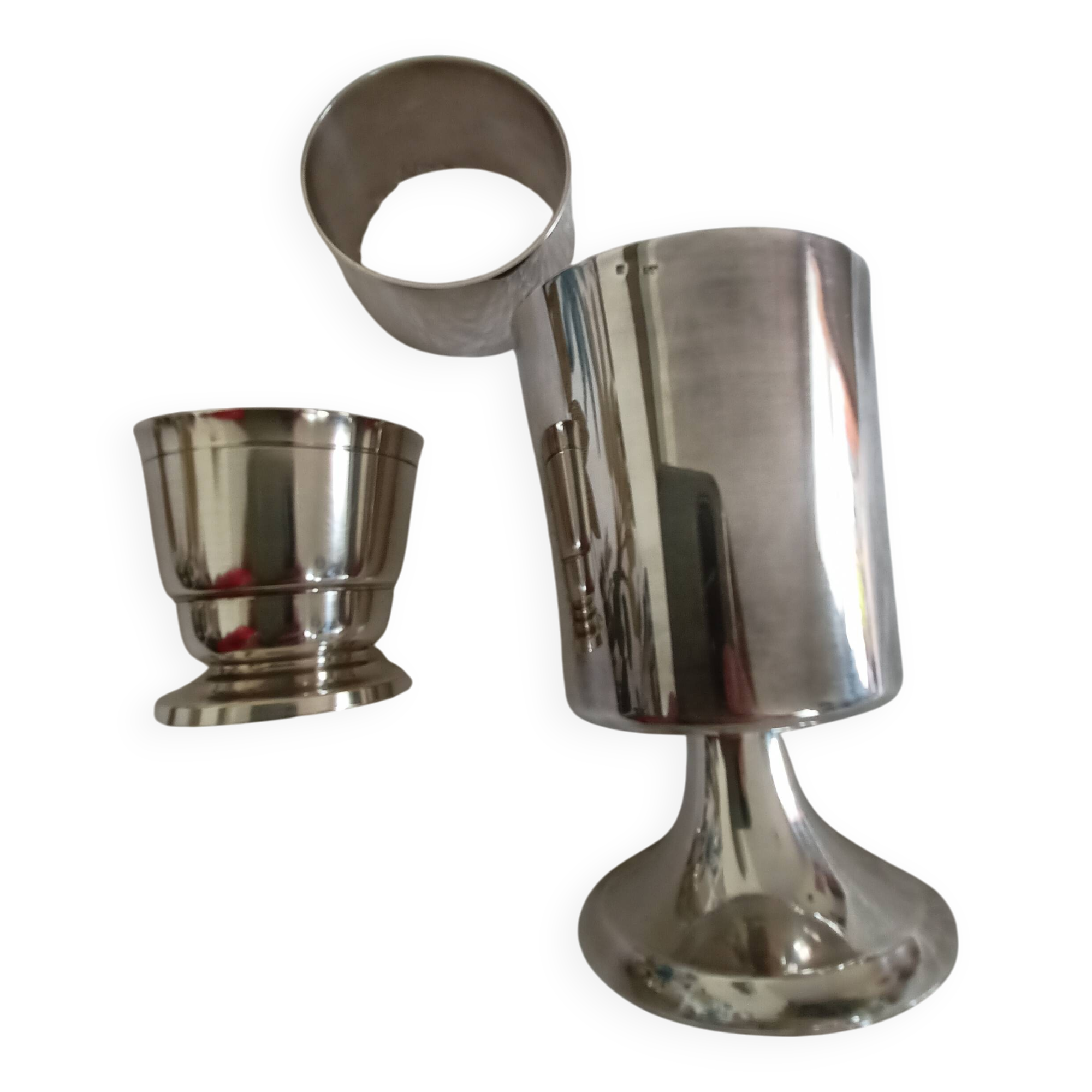 Vintage silver-plated metal cup, egg cup and napkin ring set