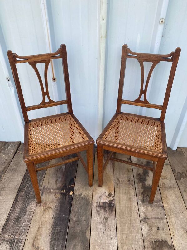 Paire de Chaise Ancienne Art Nouveau Bois Noyer + Assise Cannée Vintag