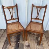 Paire de Chaise Ancienne Art Nouveau Bois Noyer + Assise Cannée Vintag