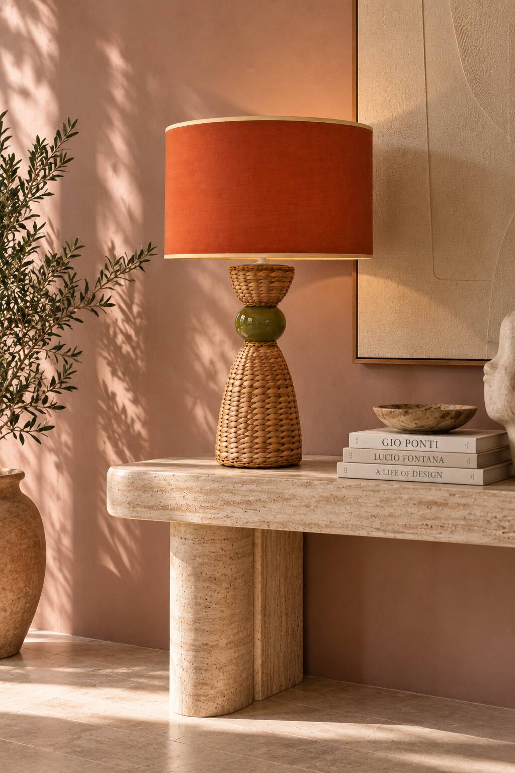 Large vintage sculptural lamp from the 60s/70s – olive green ceramic & very fine fibres.