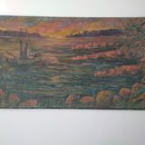 Oil on panel signed tourtet coastal landscape sailboat
