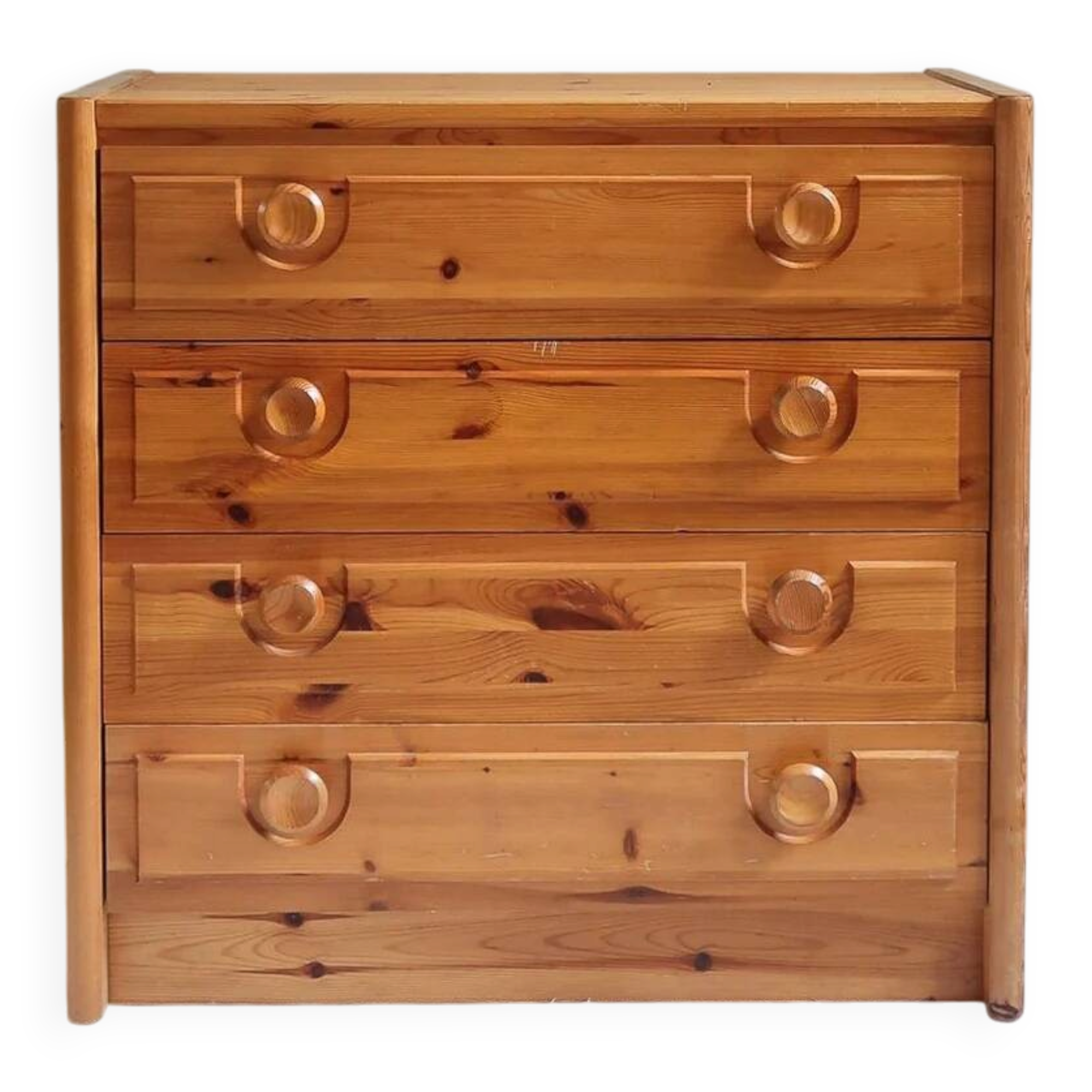 Chest of drawers with 4 drawers in solid pine, rustic mountain style, 1970s.