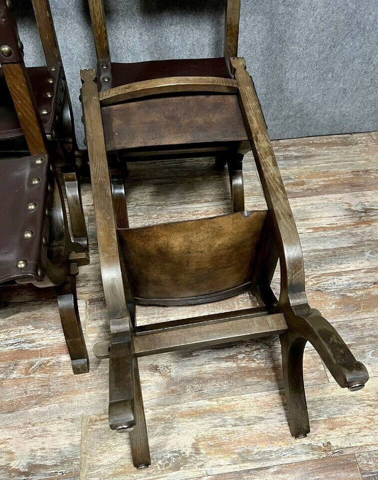 Set of 6 Renaissance style chairs in solid wood and leather, 19th century, circa 1850