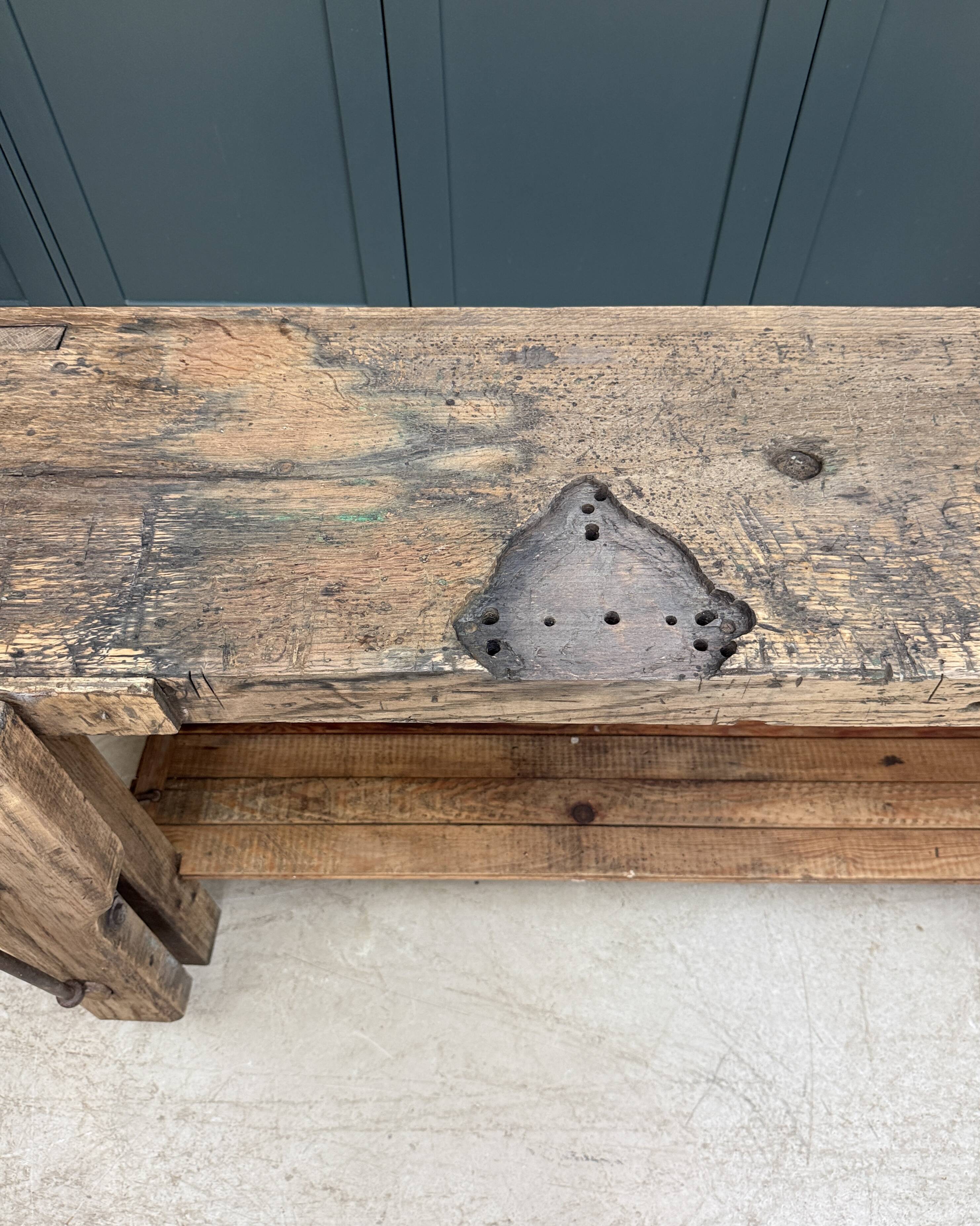 Old solid oak carpenter's workbench (renovated)