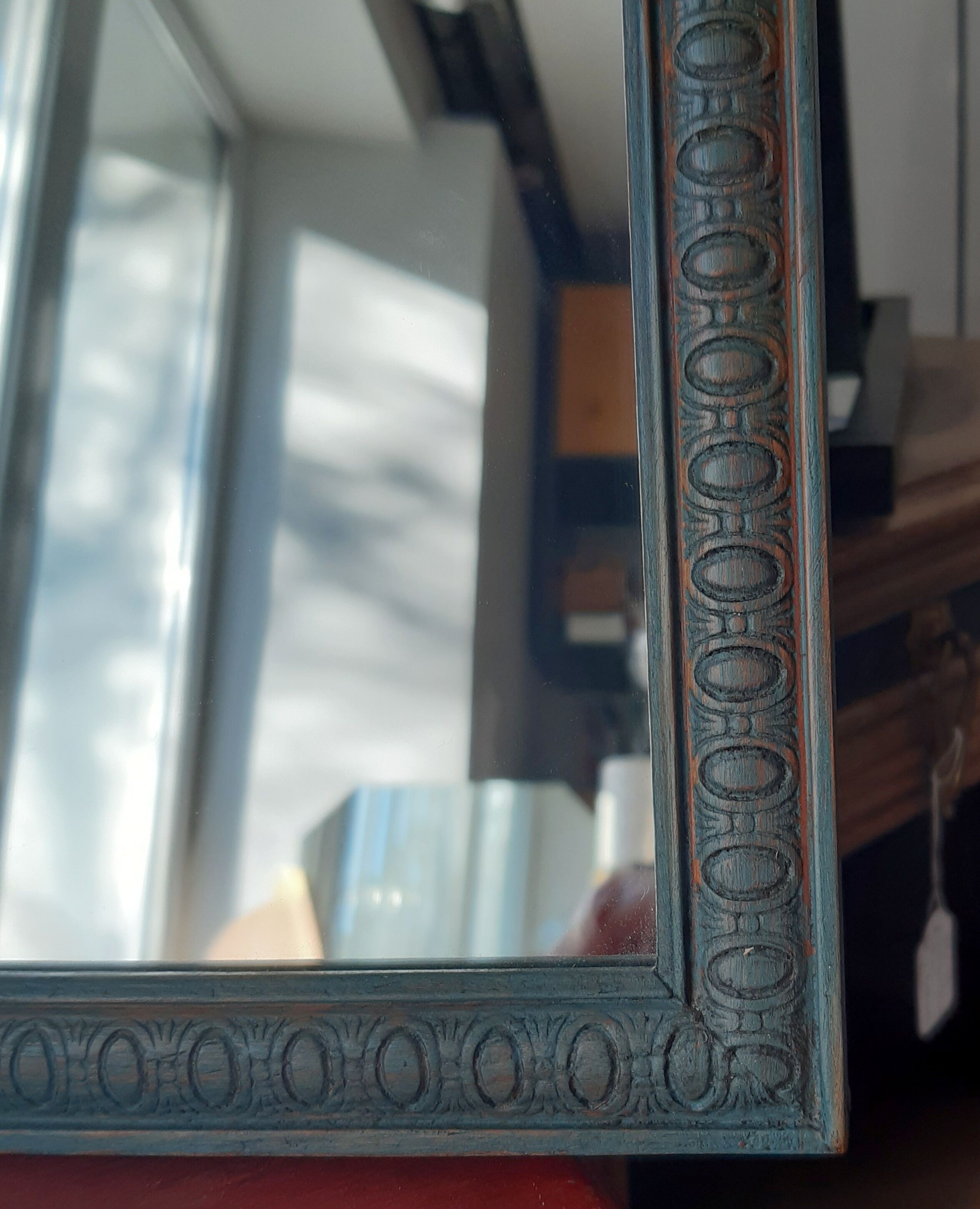 Mirror, art deco, wood, blue velvet patina, antique wax