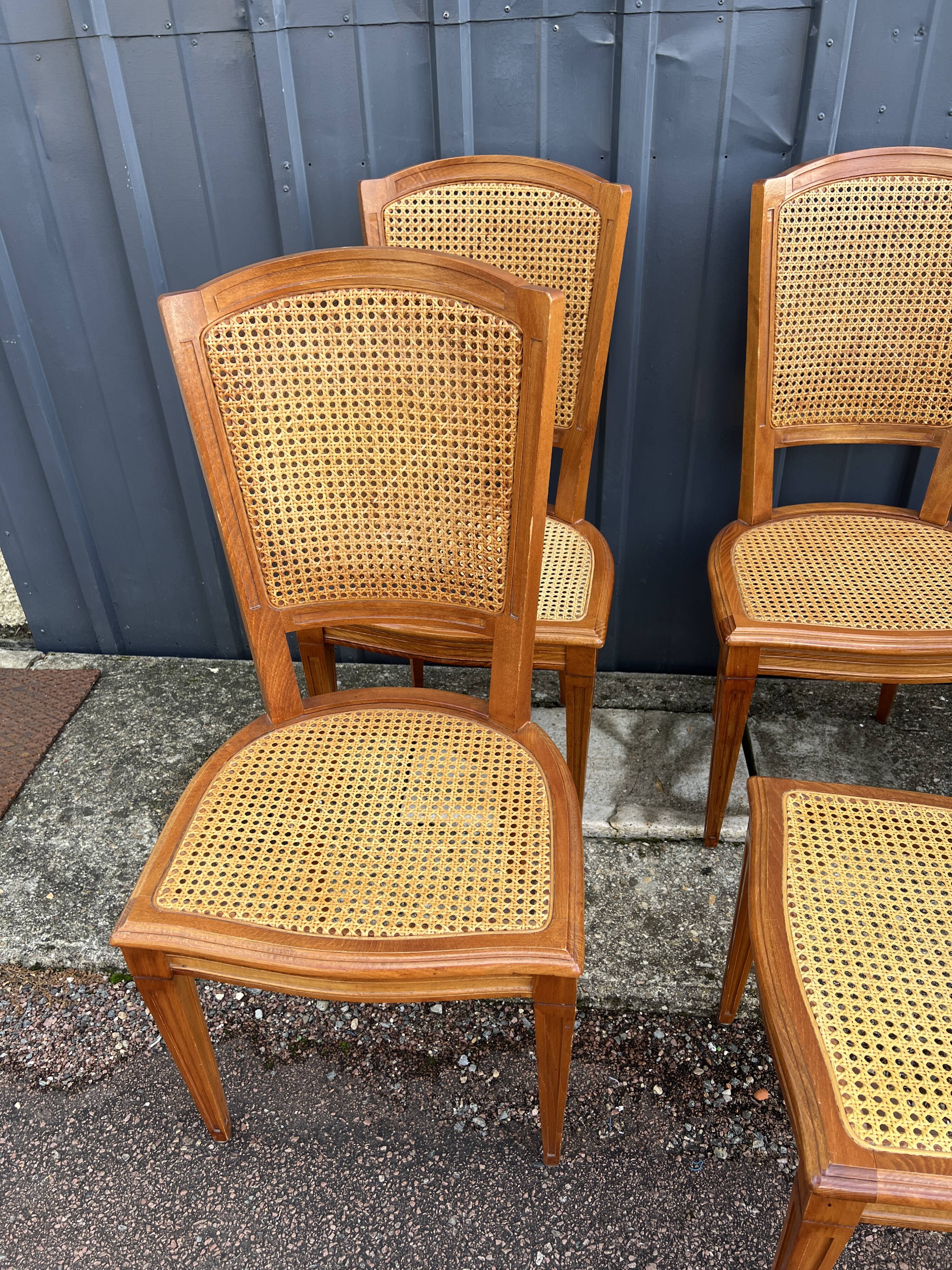 Six Art Deco chairs, 1960s, beech and cane