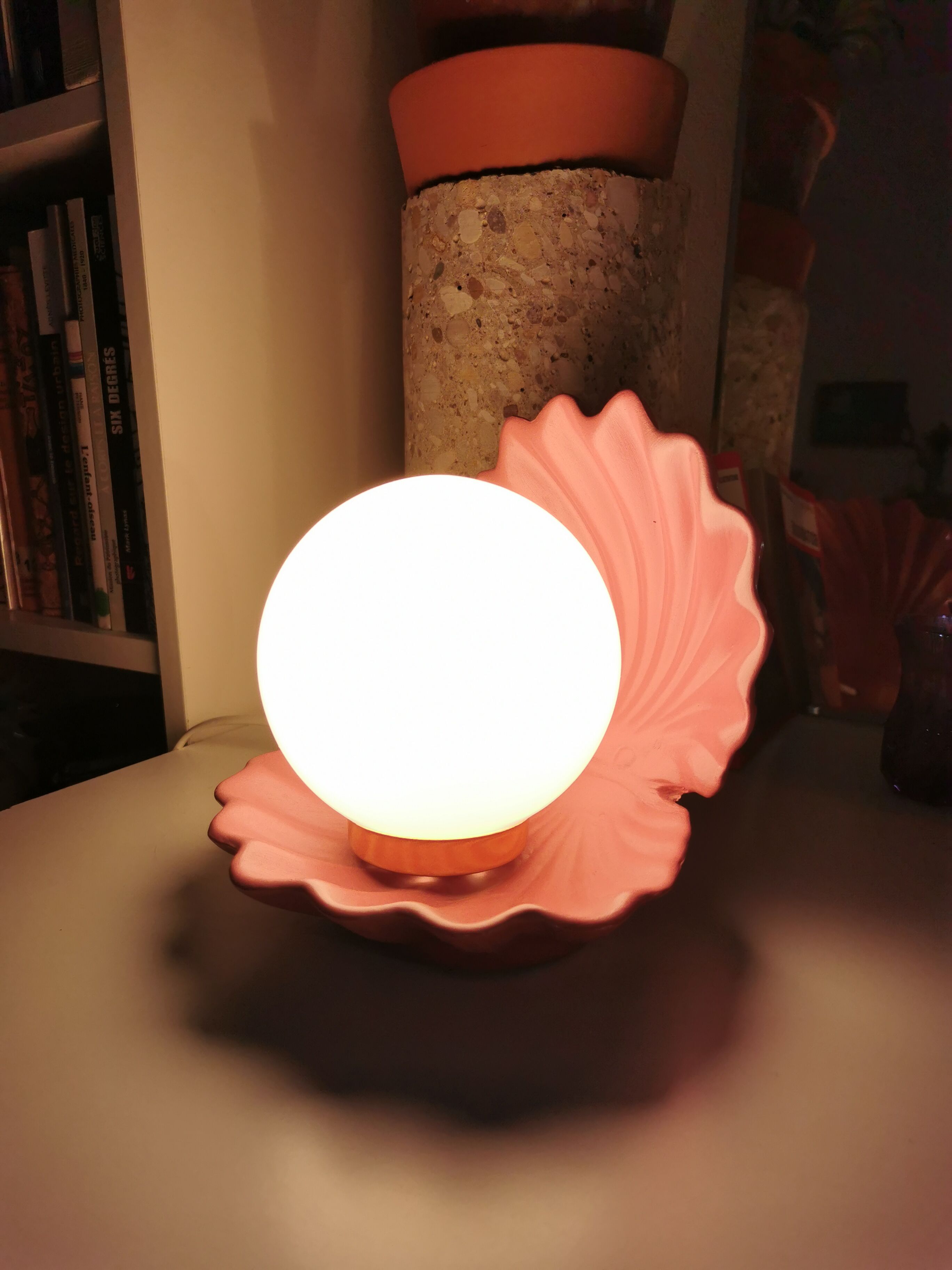 Ceramic shell lamp and opaline bead, saint-jacques, france, 1980