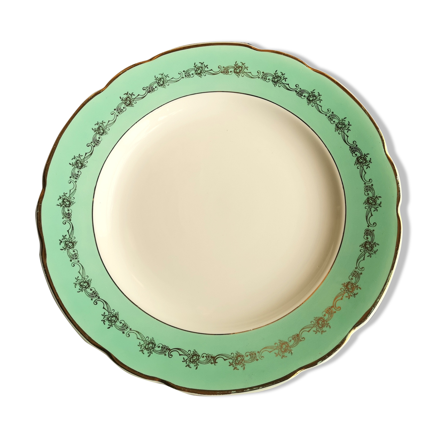 Plat A Gateau En Faience Decor Vert Et Or Signe Manufacture Saint Etienne Faience Fine Extra Dure Selency