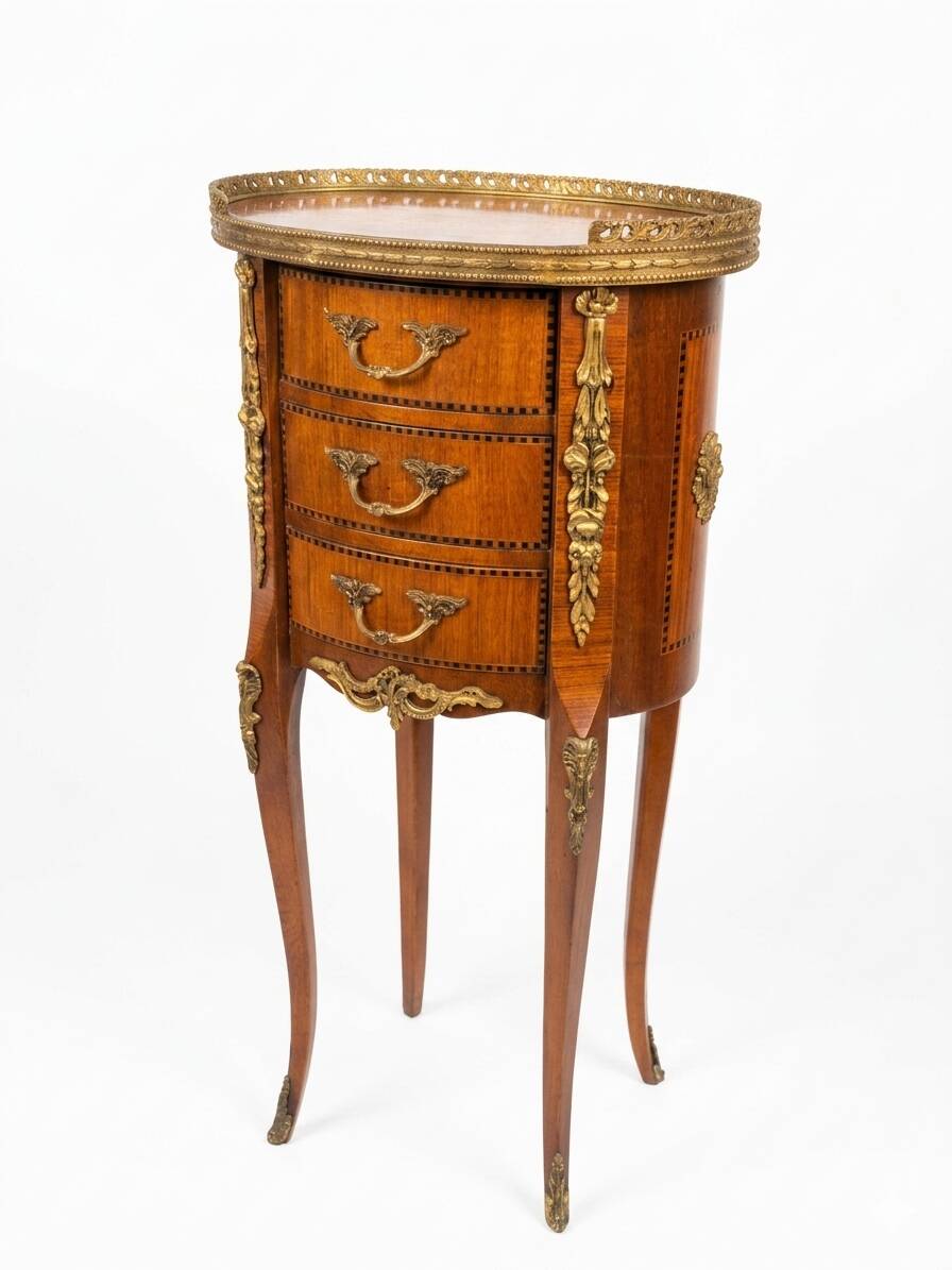 Oval bedside table in Louis XV style with marquetry.