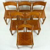 Set of 6 Maison Regain Chairs - Solid Elm and Fawn Leather - Circa 70