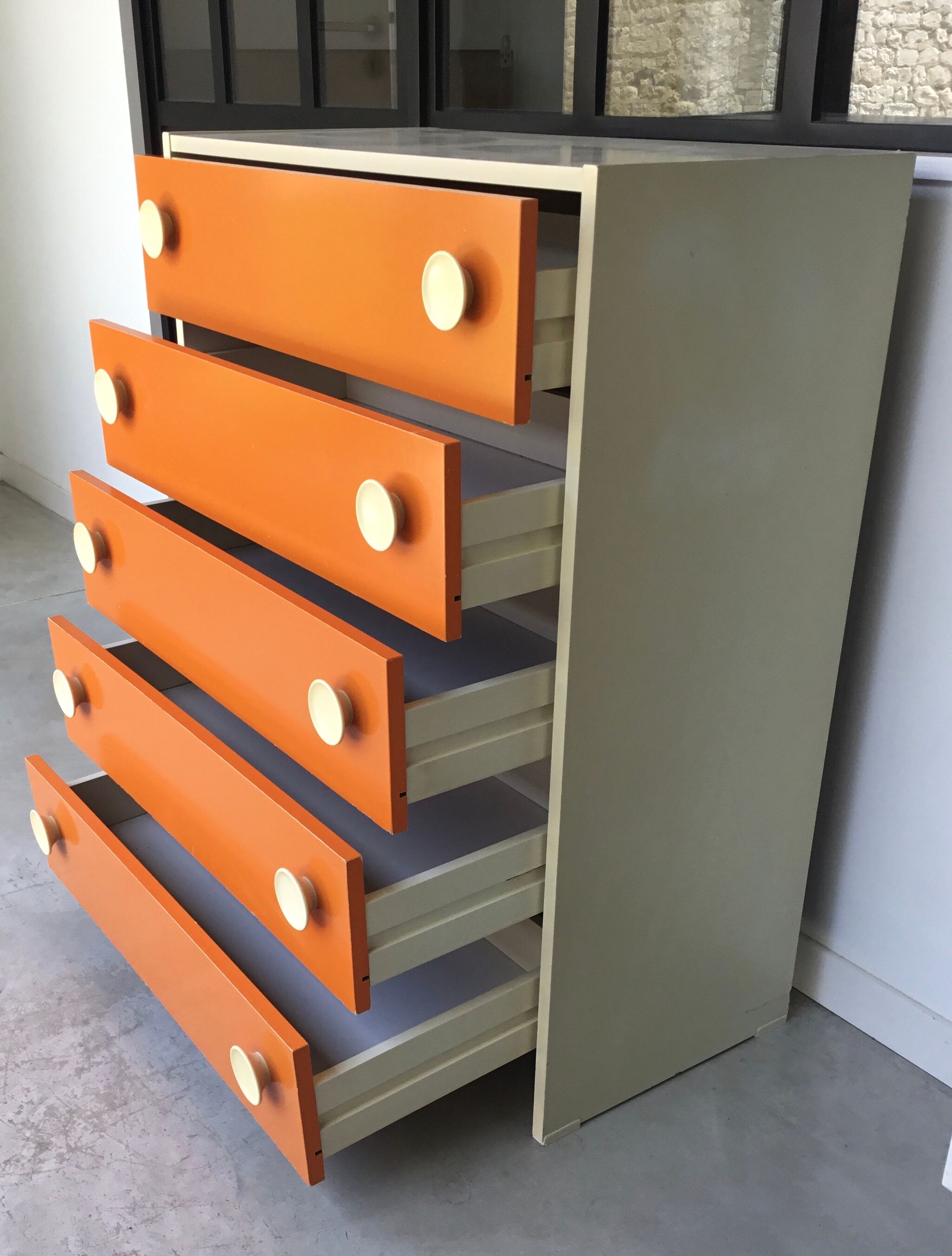 Orange chest of drawers 5 drawers - pop design - 1970