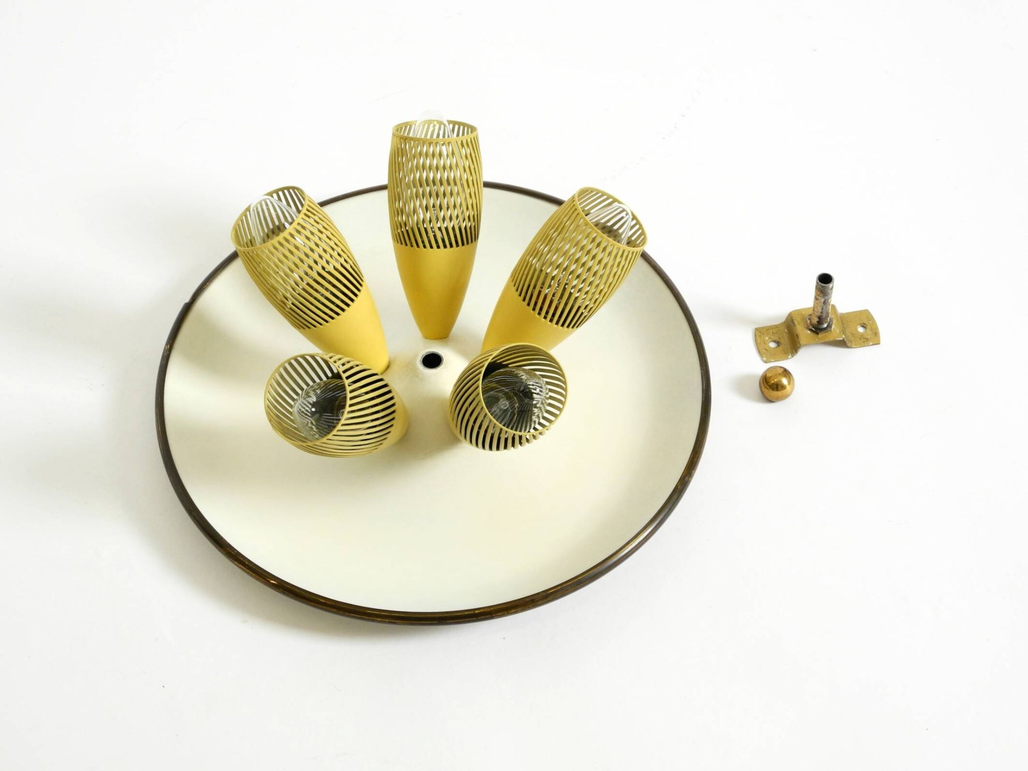 Very rare 5-arm mid-century modern metal bag ceiling lamp with round white