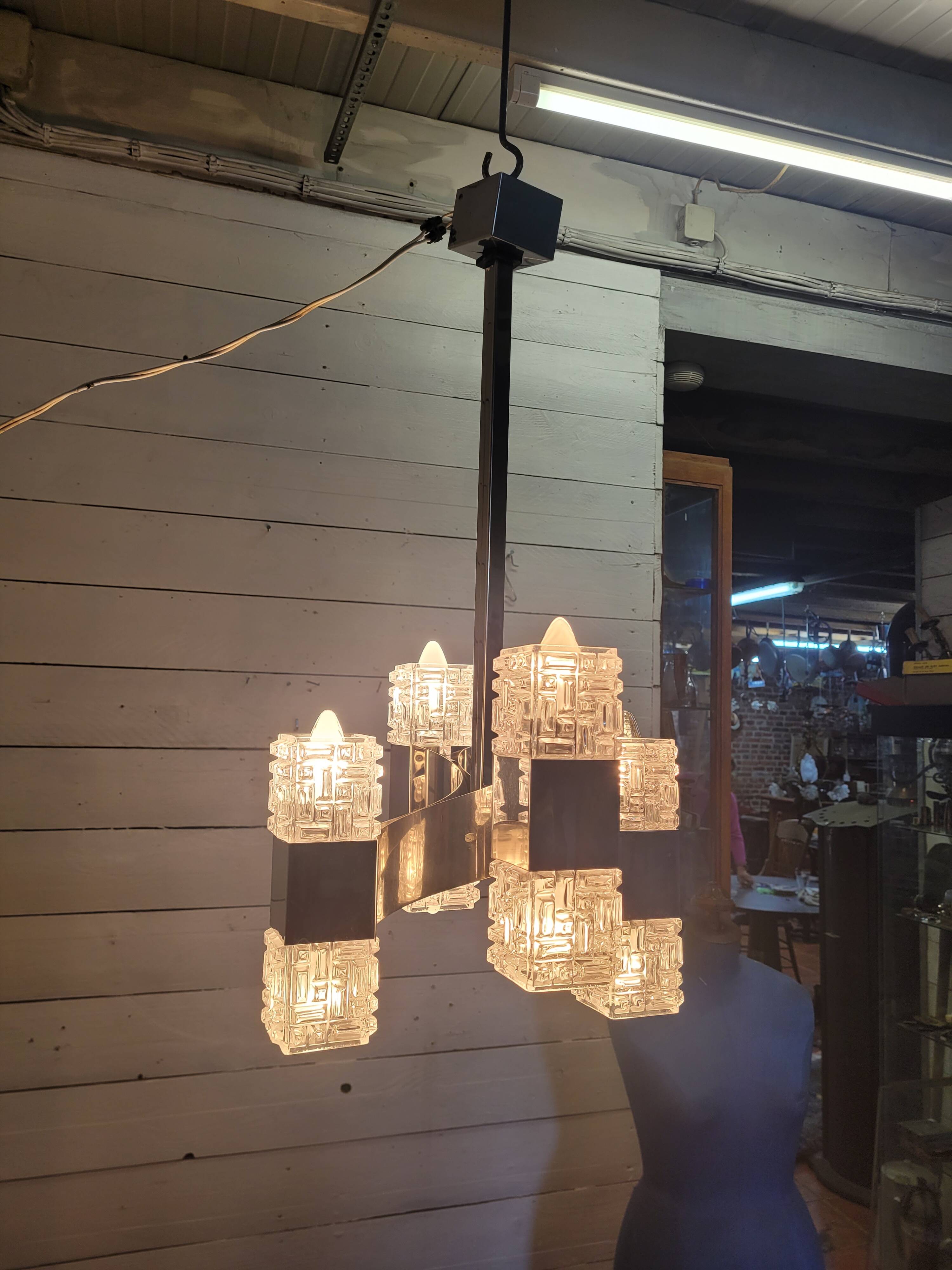Chrome and glass pendant chandelier by Sciolari, Italy, 1960s