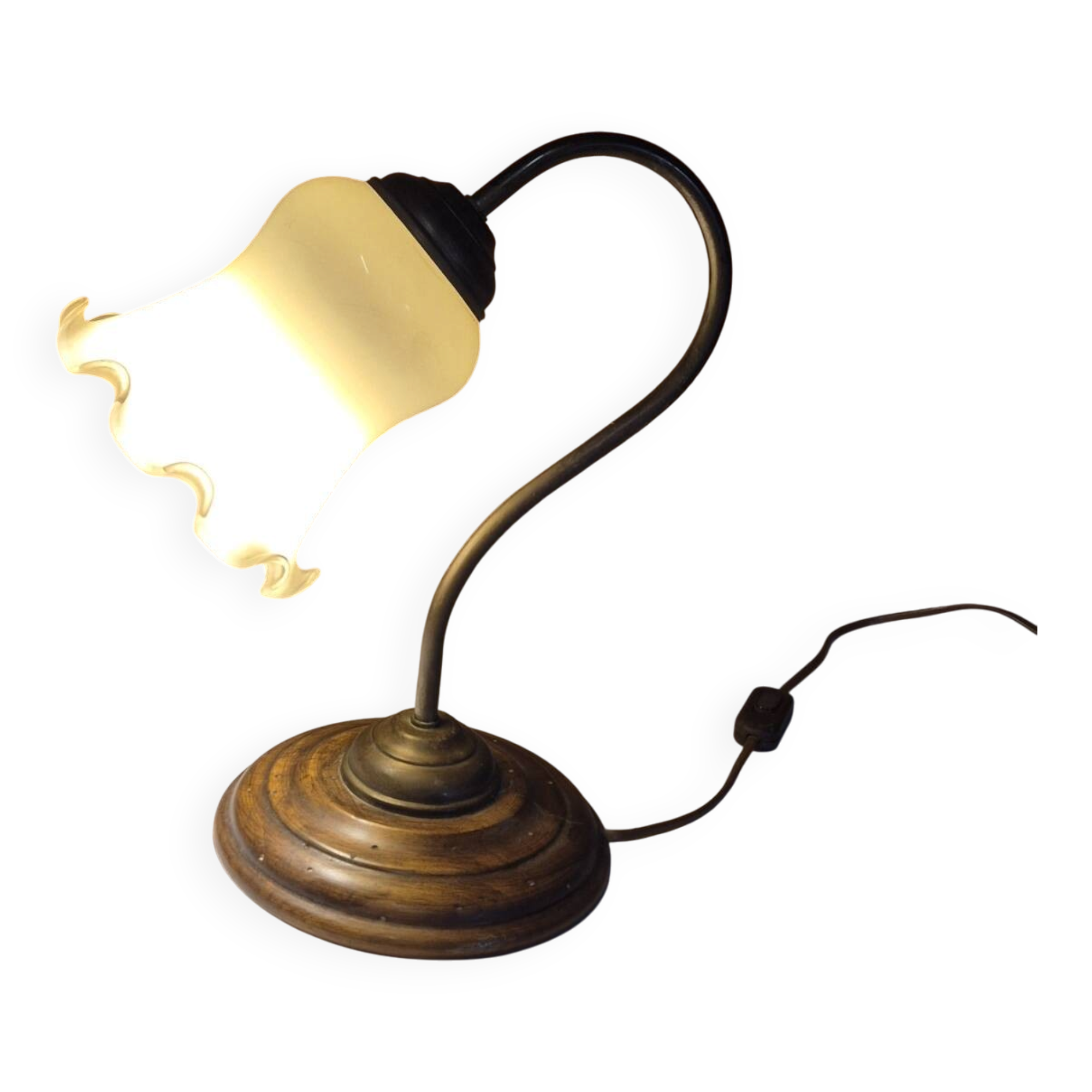 Tulip table lamp with a swan neck in brass and opaline Art Deco.