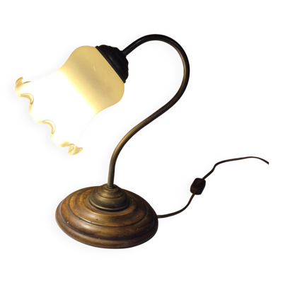 Lampe à poser tulipe col de cygne en laiton et opaline art deco