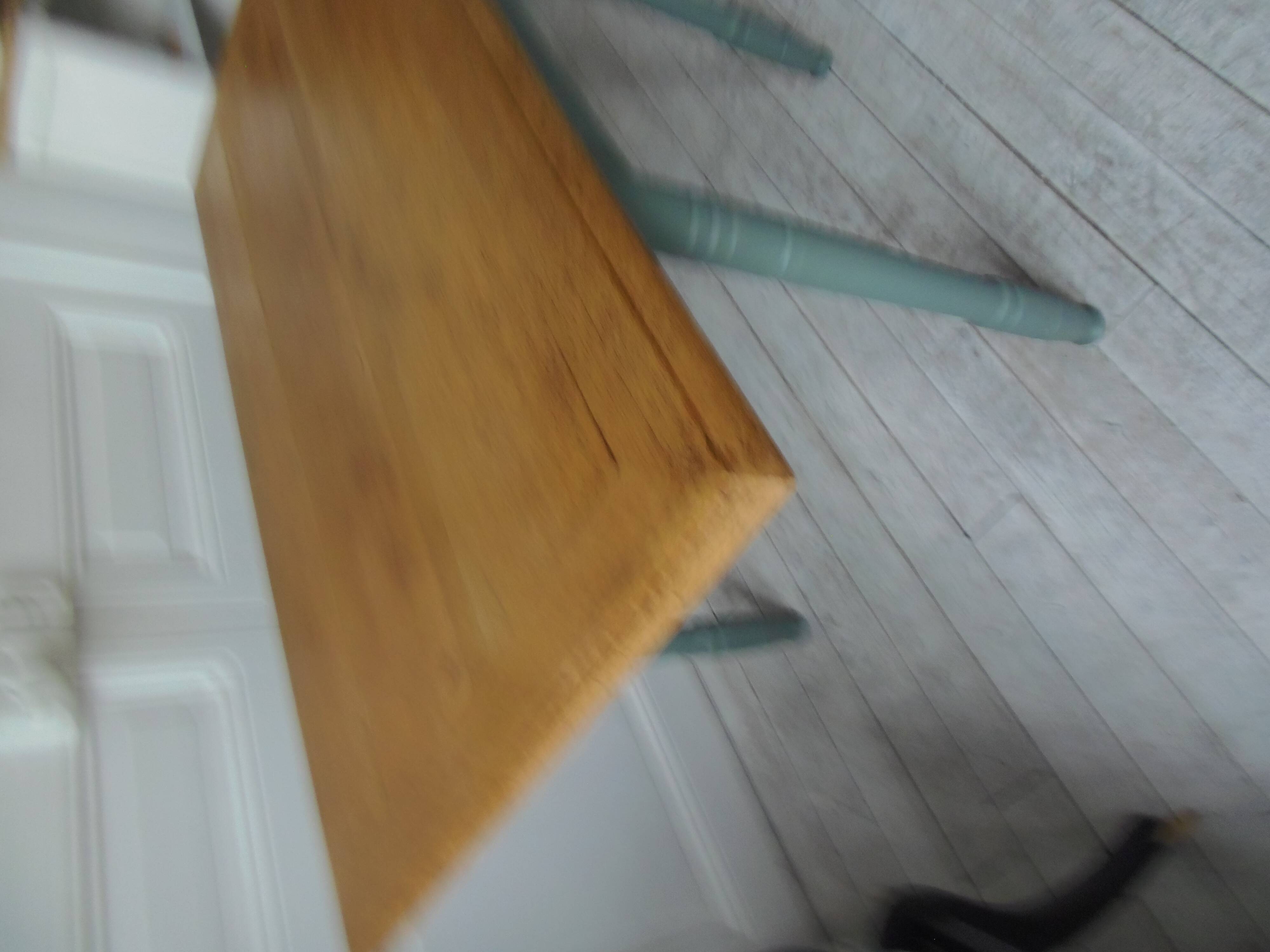 Table, vintage desk with smoked green legs, oak top.