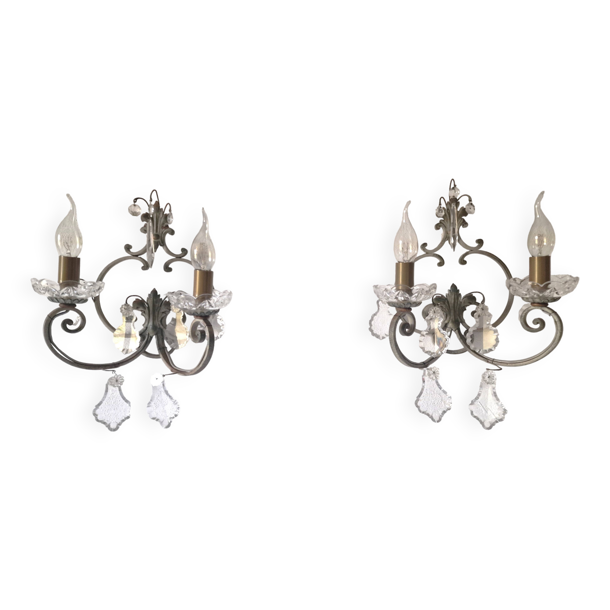 Pair of sconces in patinated metal and crystal tassels